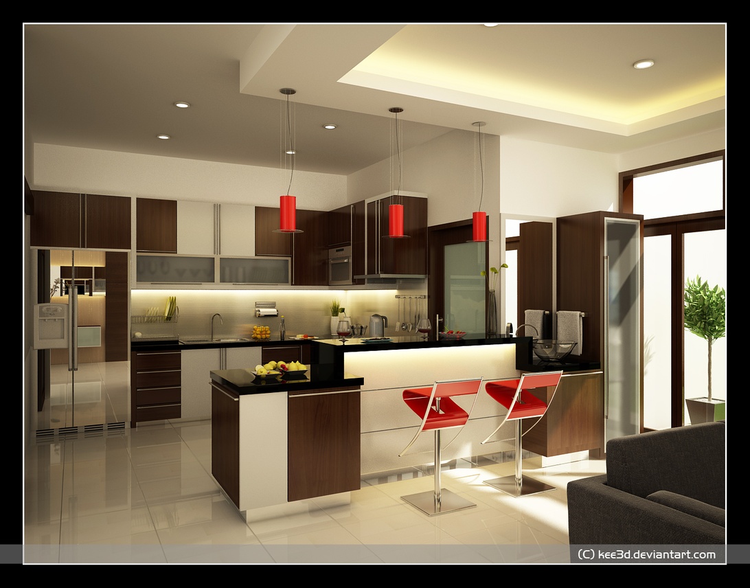 A contemporary kitchen featuring bright red bar stools and matching red pendant lights that create pops of color against a neutral palette of white, brown and black cabinetry. The space has a modern design with clean lines, recessed lighting, and an open floor plan.